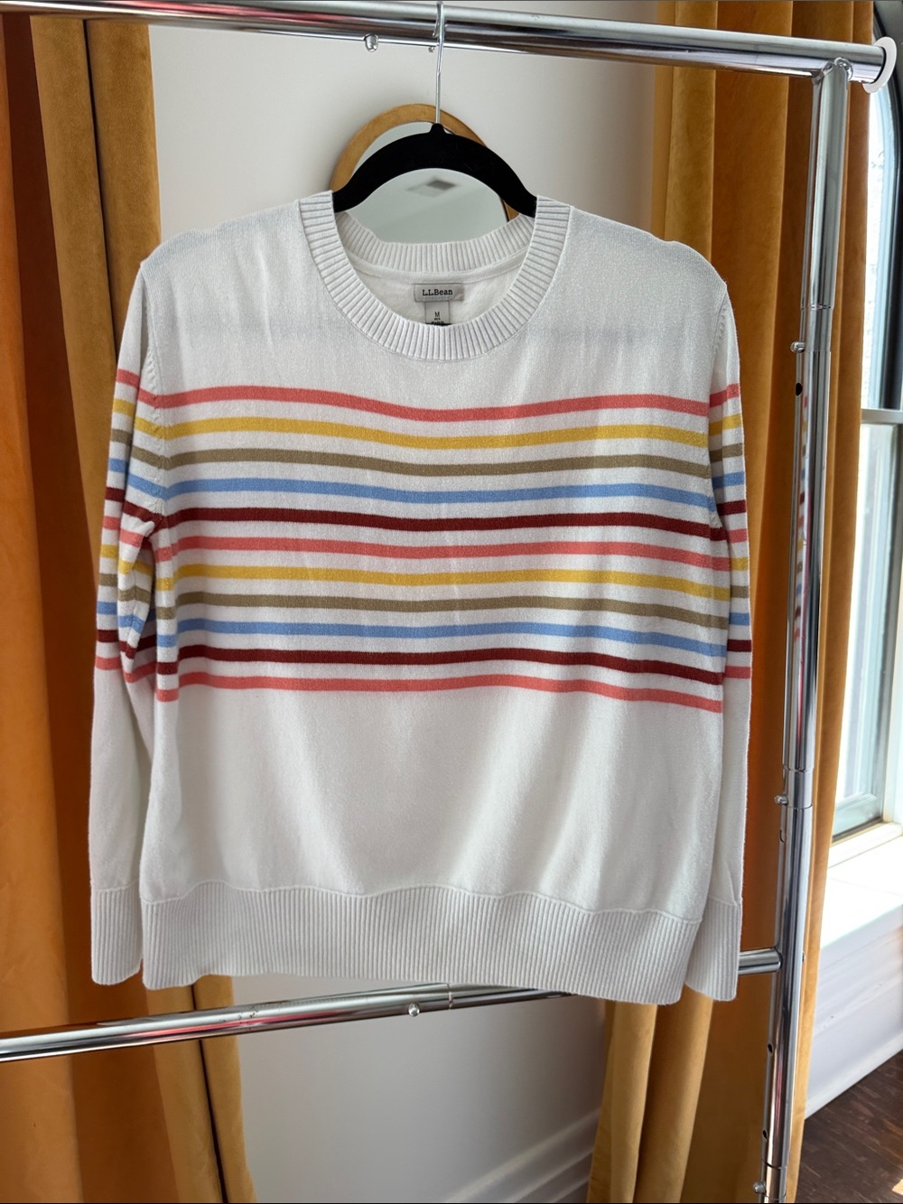 L.L. Bean White Crewneck Sweater with Red, Yellow, Blue and Tan Stripes